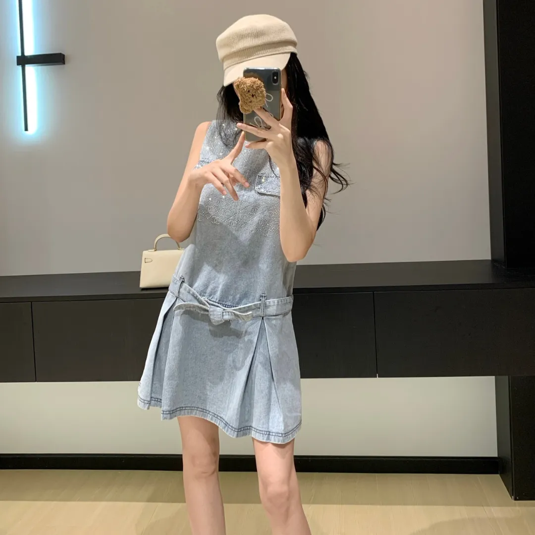 『S-L』人気上昇中 売れ筋 大活躍 カジュアル 可愛い デニム ジッパー ボウタイ ワンピース