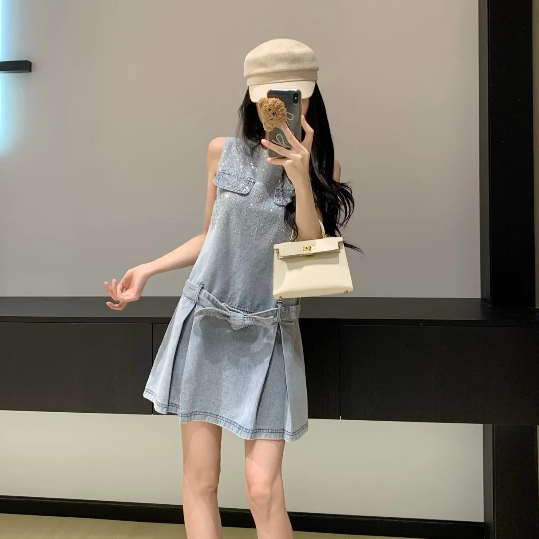 『S-L』人気上昇中 売れ筋 大活躍 カジュアル 可愛い デニム ジッパー ボウタイ ワンピース