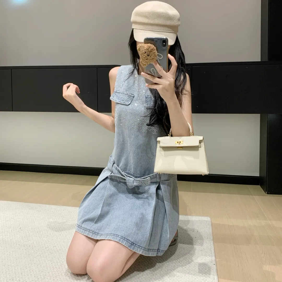 『S-L』人気上昇中 売れ筋 大活躍 カジュアル 可愛い デニム ジッパー ボウタイ ワンピース