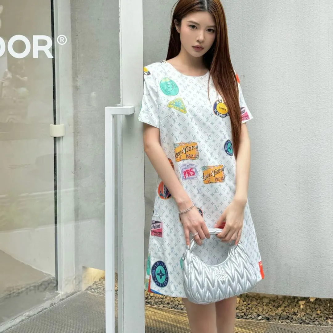 『S-L』質感のいい 絶対流行 上品 可愛い 2色 プリント 通気性 ラウンドネック ワンピース
