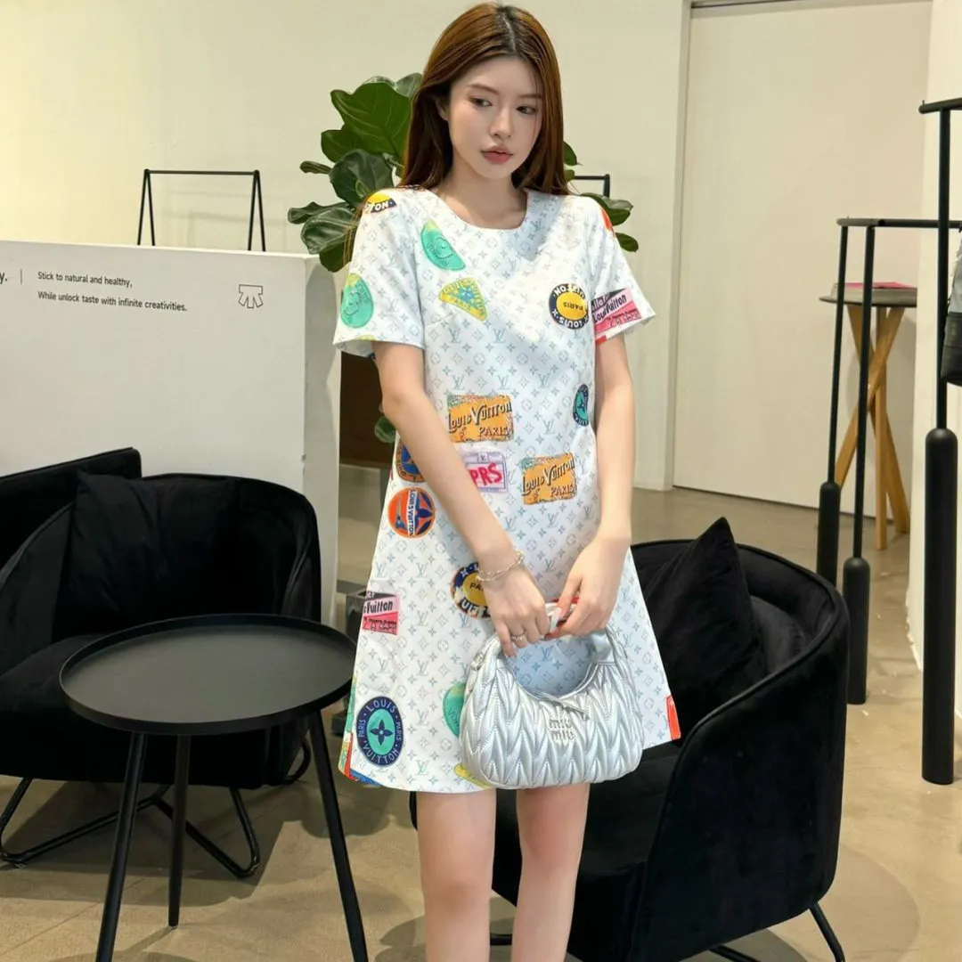 『S-L』質感のいい 絶対流行 上品 可愛い 2色 プリント 通気性 ラウンドネック ワンピース