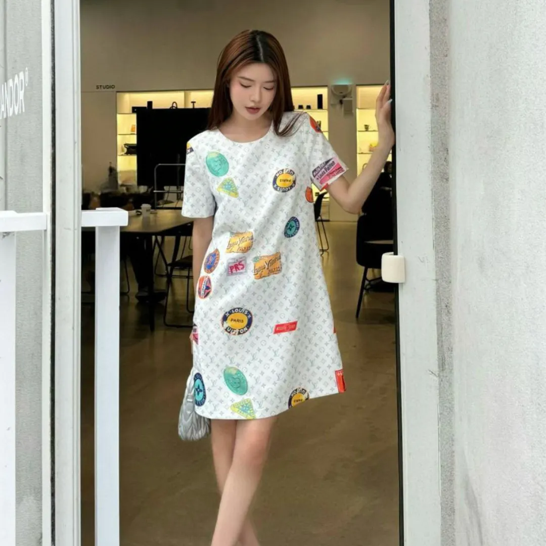 『S-L』質感のいい 絶対流行 上品 可愛い 2色 プリント 通気性 ラウンドネック ワンピース