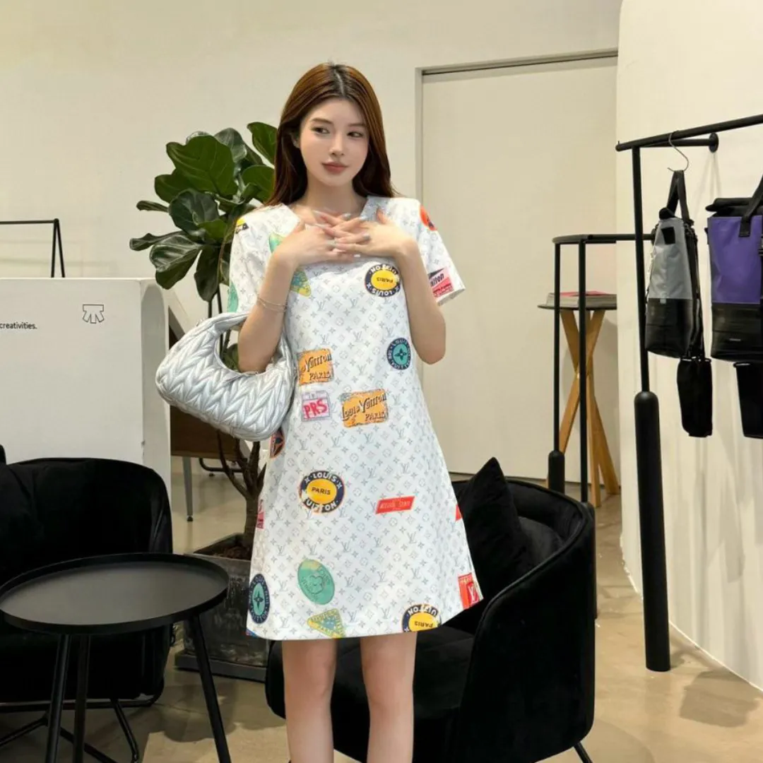 『S-L』質感のいい 絶対流行 上品 可愛い 2色 プリント 通気性 ラウンドネック ワンピース