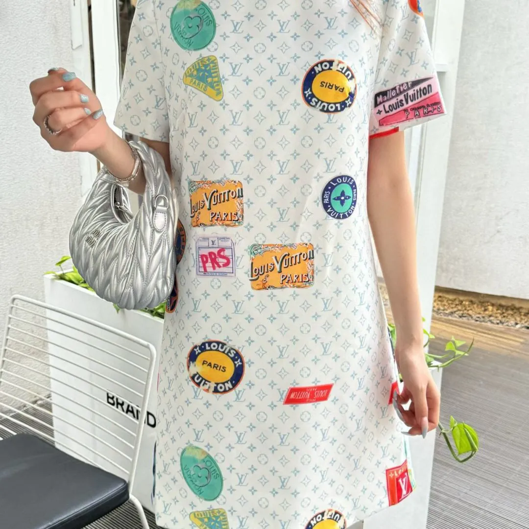 『S-L』質感のいい 絶対流行 上品 可愛い 2色 プリント 通気性 ラウンドネック ワンピース