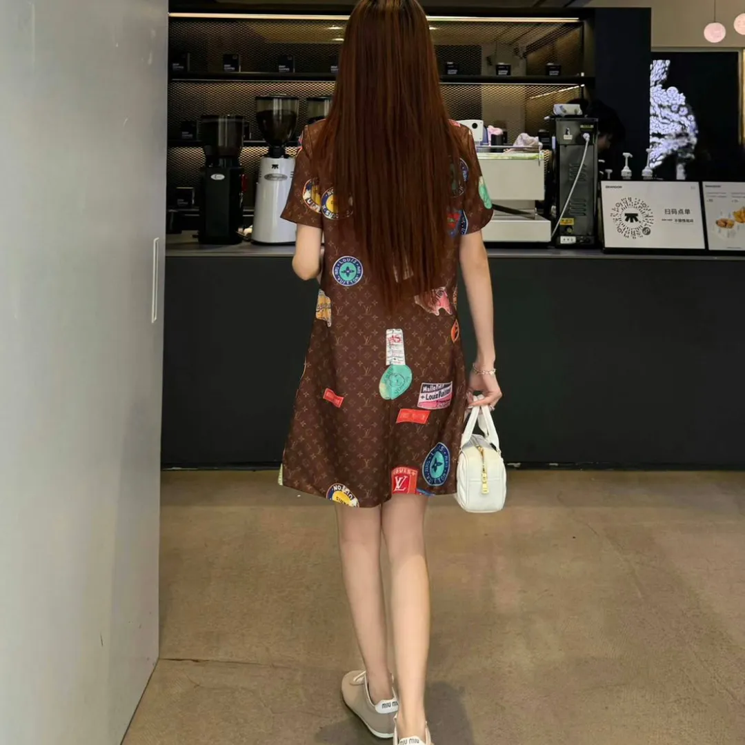 『S-L』質感のいい 絶対流行 上品 可愛い 2色 プリント 通気性 ラウンドネック ワンピース