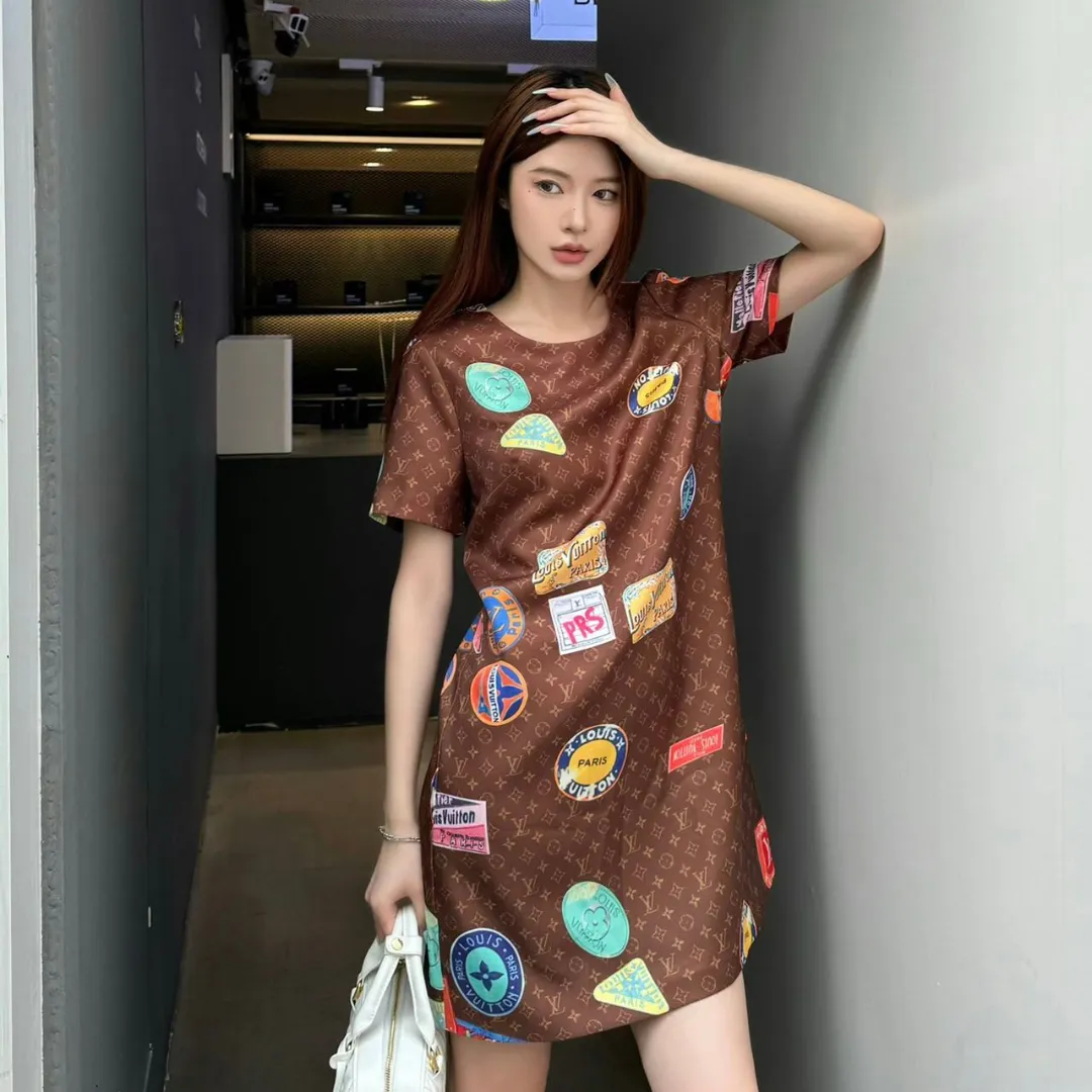 『S-L』質感のいい 絶対流行 上品 可愛い 2色 プリント 通気性 ラウンドネック ワンピース