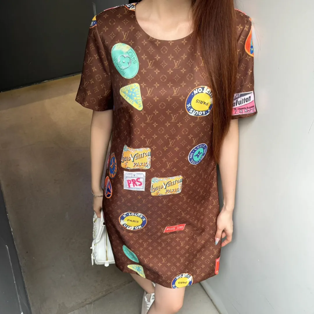 『S-L』質感のいい 絶対流行 上品 可愛い 2色 プリント 通気性 ラウンドネック ワンピース
