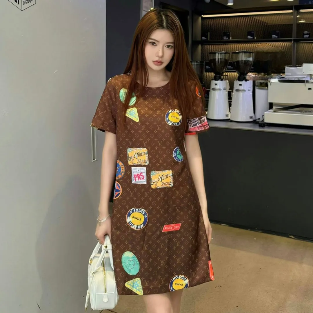 『S-L』質感のいい 絶対流行 上品 可愛い 2色 プリント 通気性 ラウンドネック ワンピース