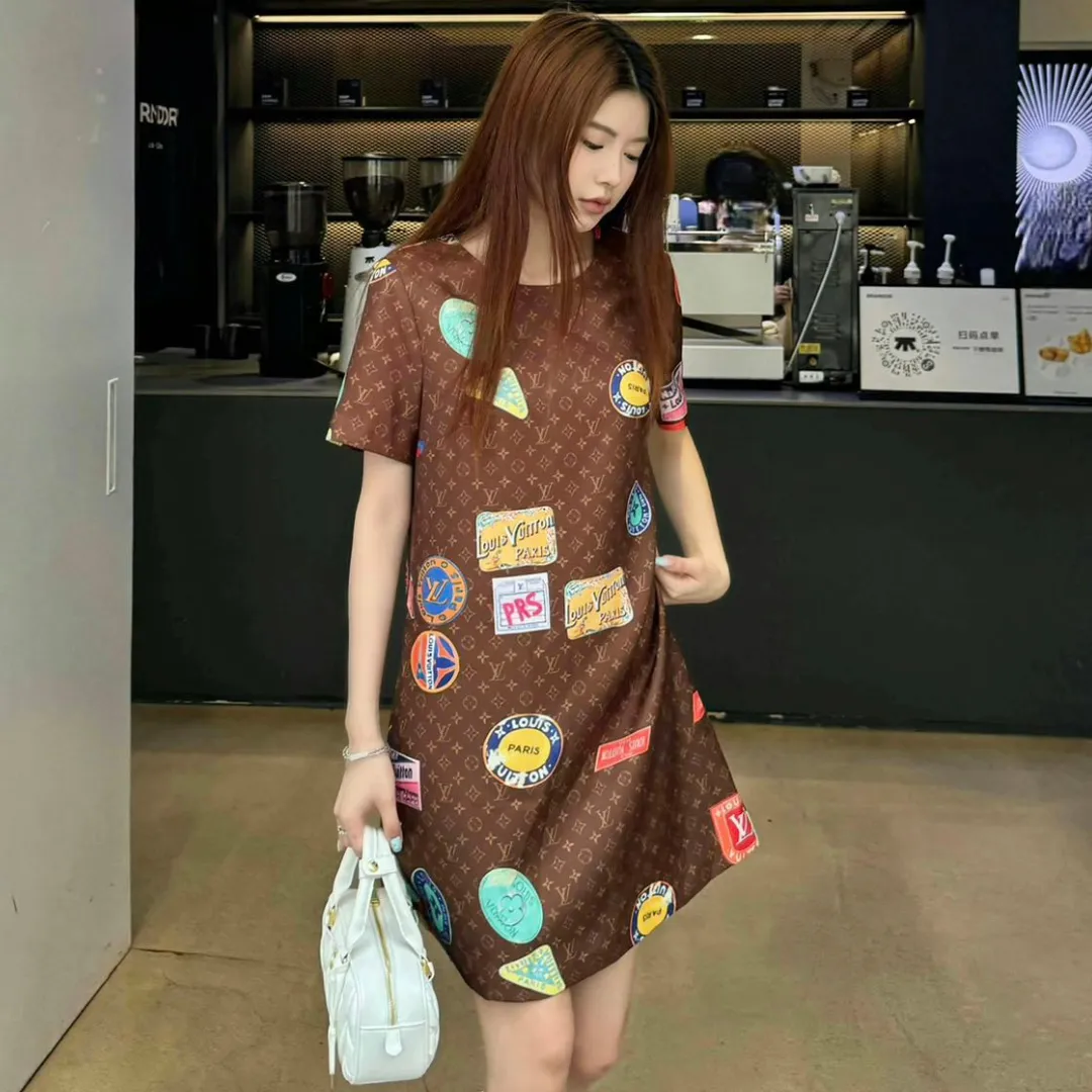 『S-L』質感のいい 絶対流行 上品 可愛い 2色 プリント 通気性 ラウンドネック ワンピース