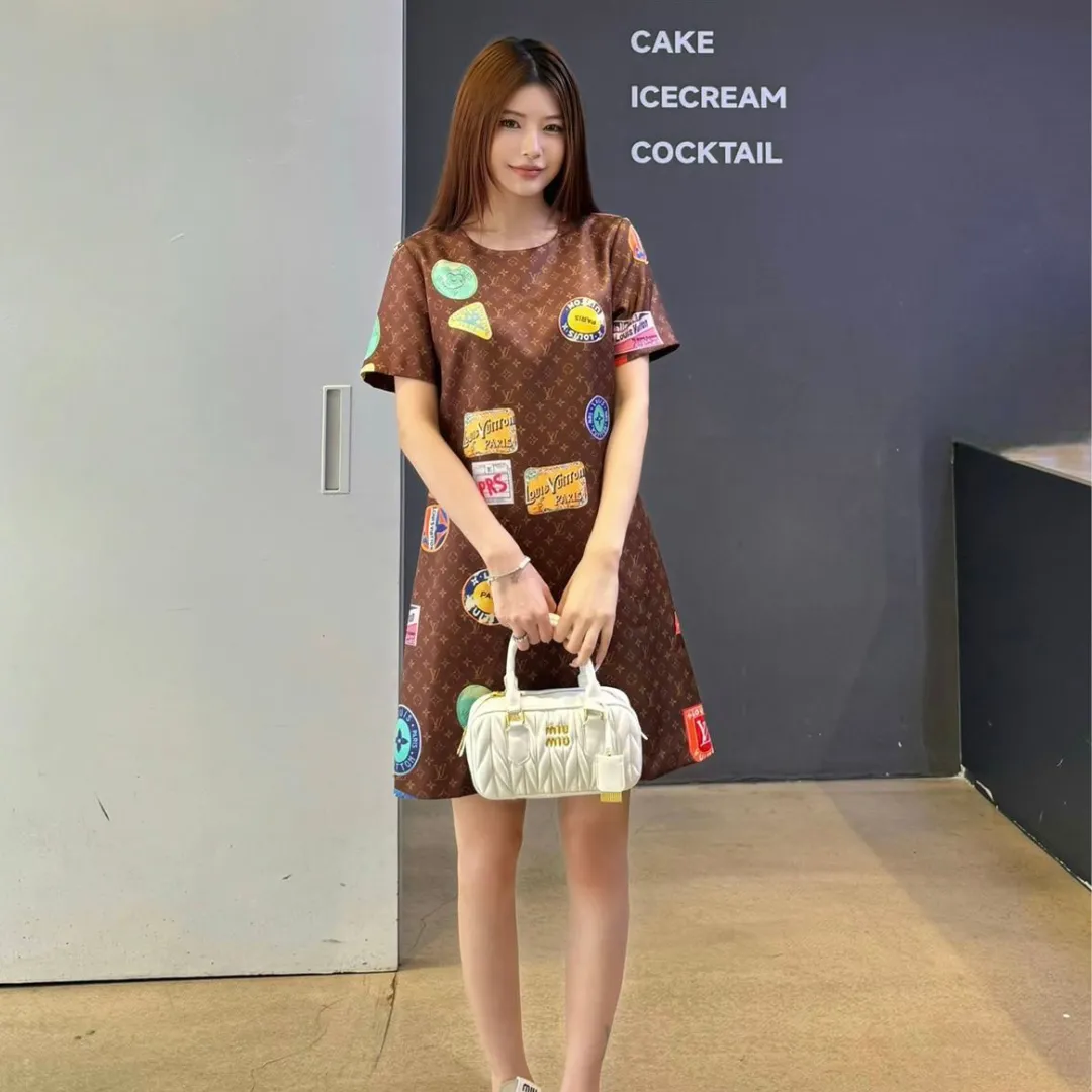 『S-L』質感のいい 絶対流行 上品 可愛い 2色 プリント 通気性 ラウンドネック ワンピース
