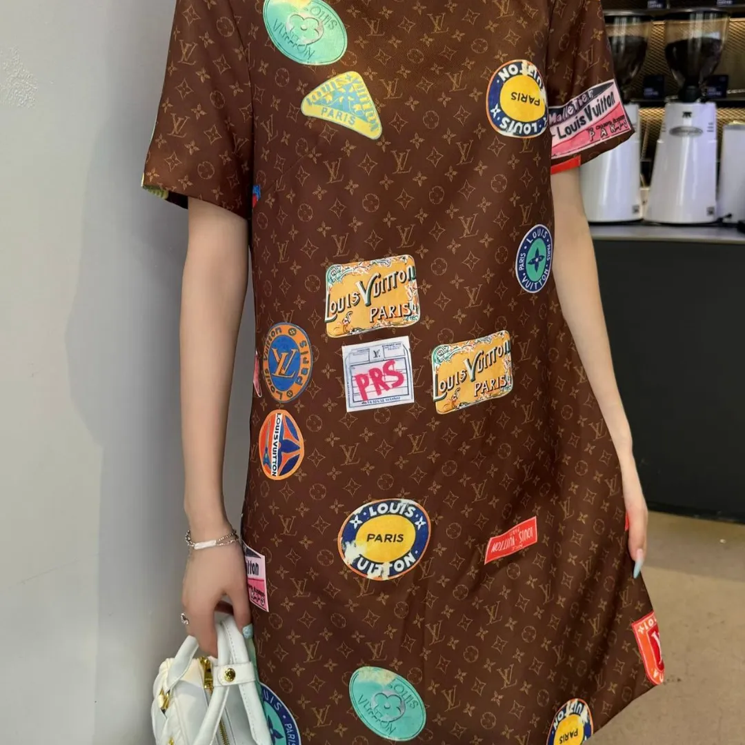 『S-L』質感のいい 絶対流行 上品 可愛い 2色 プリント 通気性 ラウンドネック ワンピース