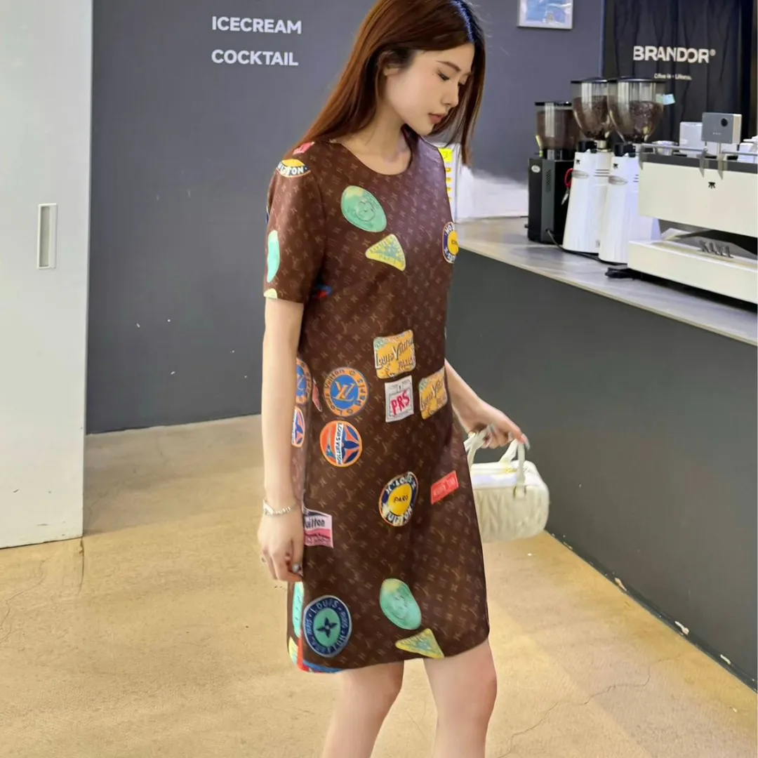 『S-L』質感のいい 絶対流行 上品 可愛い 2色 プリント 通気性 ラウンドネック ワンピース