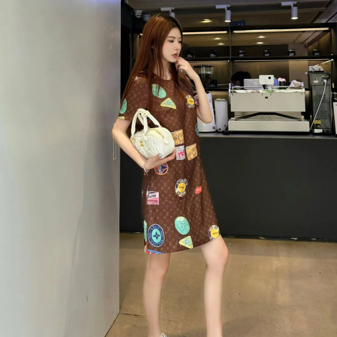 『S-L』質感のいい 絶対流行 上品 可愛い 2色 プリント 通気性 ラウンドネック ワンピース