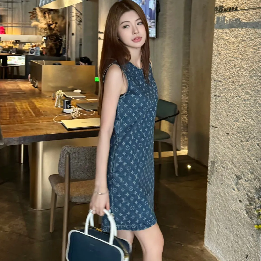 『S-L』美人度アップ 質感のいい モード ラウンドネック デニム カジュアル ワンピース