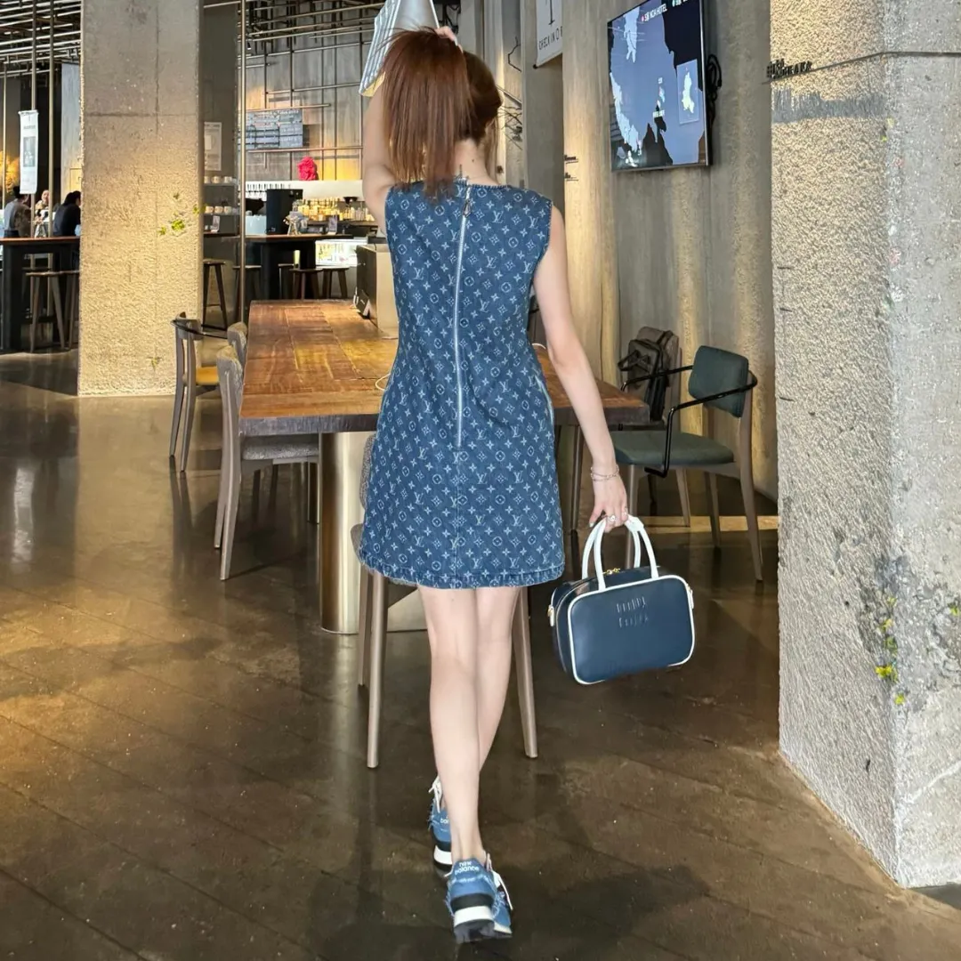 『S-L』美人度アップ 質感のいい モード ラウンドネック デニム カジュアル ワンピース