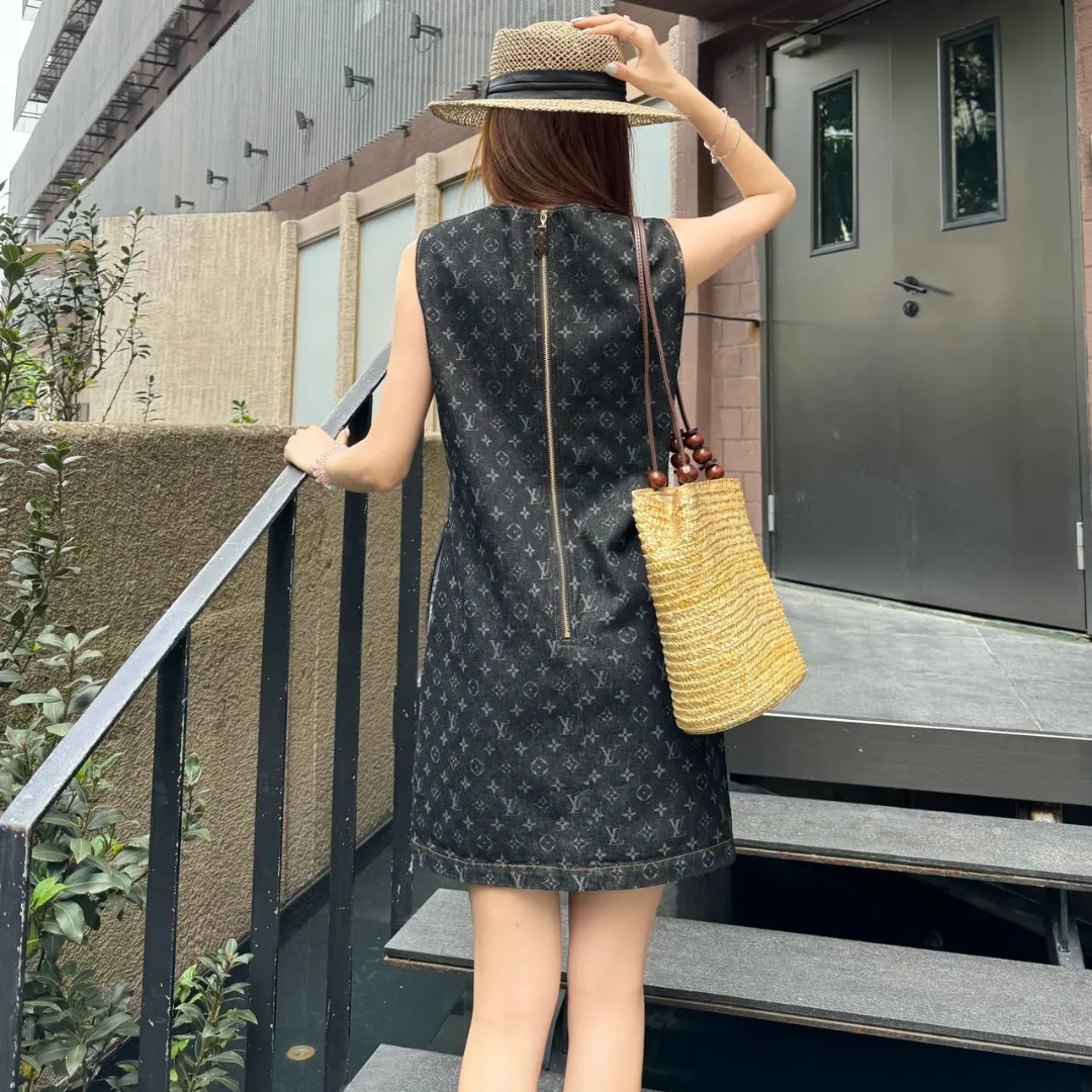 『S-L』美人度アップ 質感のいい モード ラウンドネック デニム カジュアル ワンピース