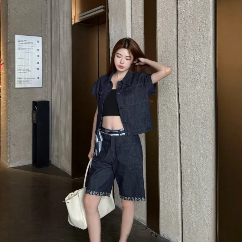 『S-L』 上品 ストリート系 快適  デニム  折り襟 ポケット付き ウエストゴム セットアップ