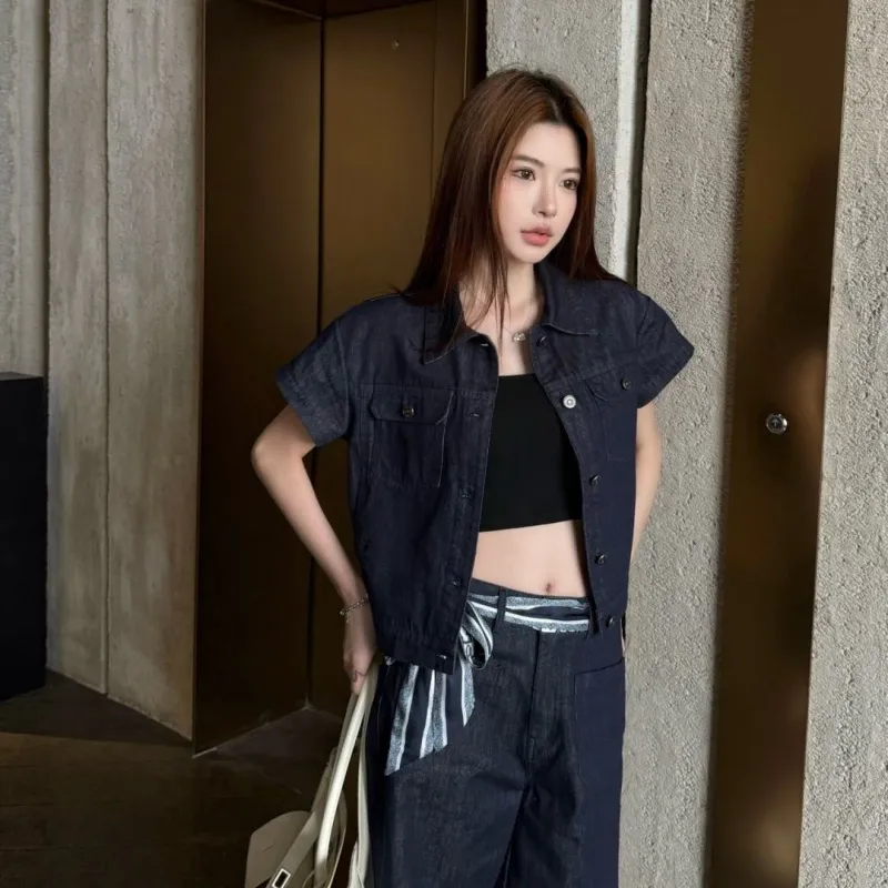 『S-L』 上品 ストリート系 快適  デニム  折り襟 ポケット付き ウエストゴム セットアップ