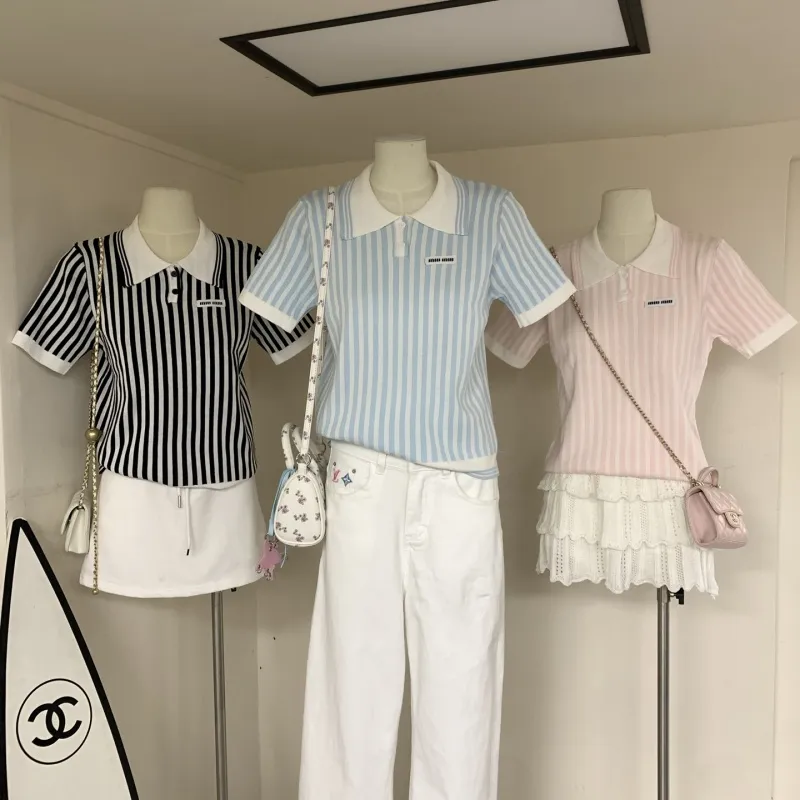 『S-L』美人度アップ ストライプ  気質満点 優しい雰囲気 絶対欲しい 高級感 Tシャツ