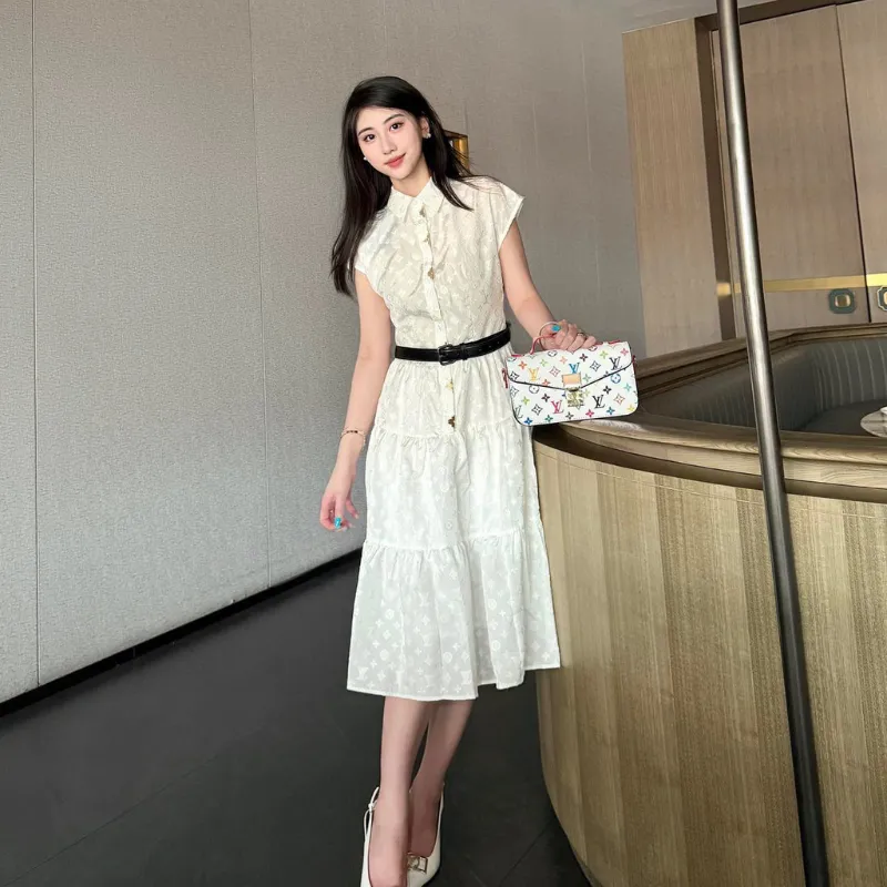 『S-L』超人気商品 美人度アップ 着心地良い ファッション エレガント  ベルト付き 折り襟 ワンピース