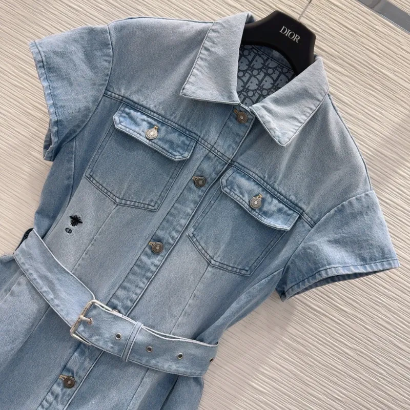 『S-L』今季も大流行 組み合わせやすい シンプル ボタン 折り襟 デニムワンピース