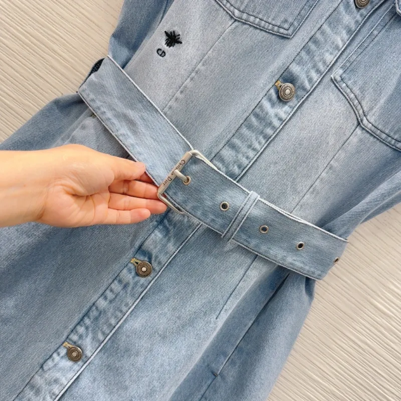 『S-L』今季も大流行 組み合わせやすい シンプル ボタン 折り襟 デニムワンピース