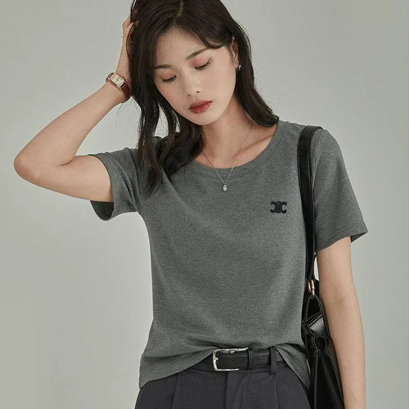『M-XL』目立つ ファッション シンプル 着心地良い エレガント 着瘦せ 刺繍 正肩Tシャツ
