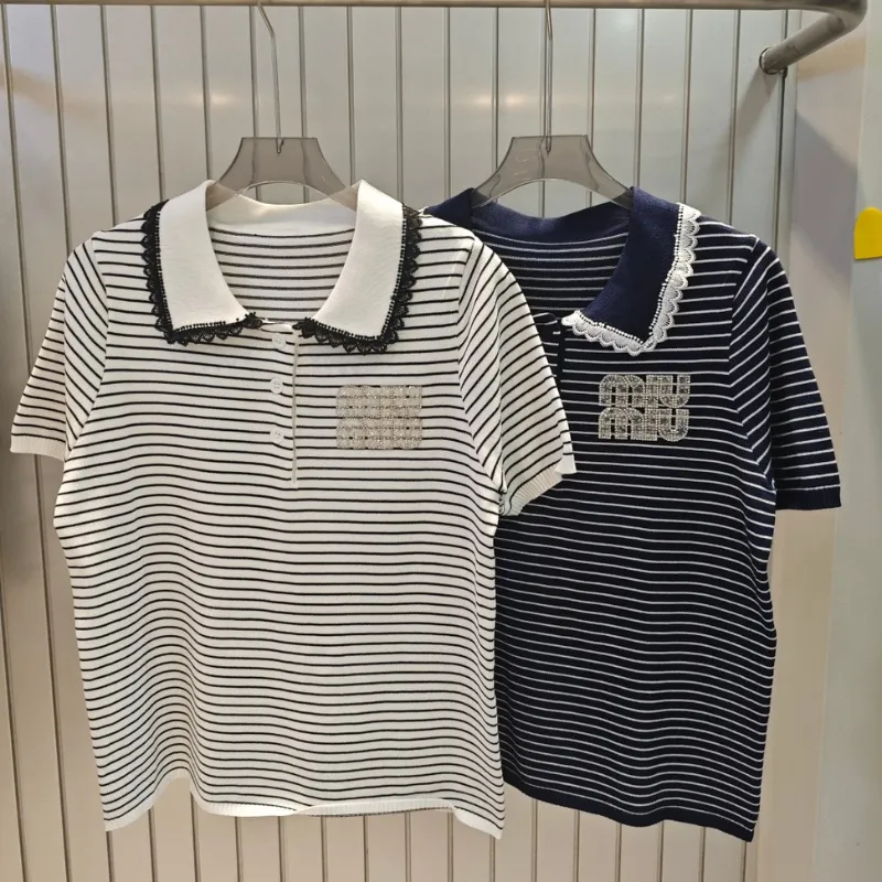 『フリーサイズ』売れ切れ必至 絶対流行 上品 スウィート 折り襟 ボーダー柄 Ｔシャツ
