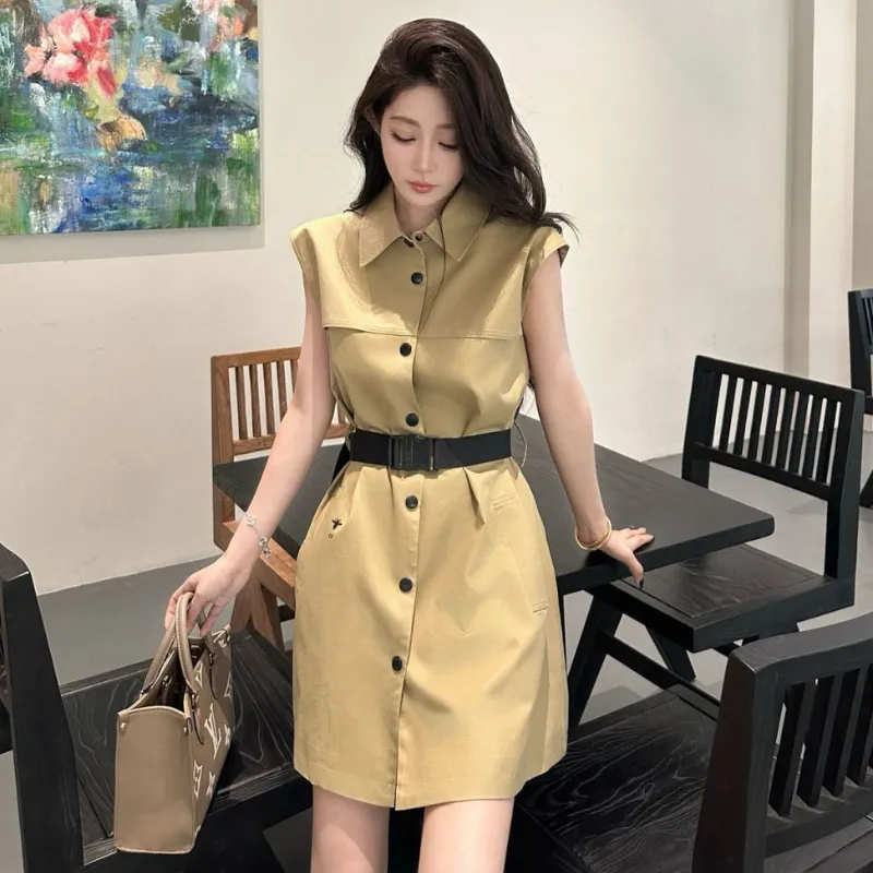 『 S-L』圧倒的セクシー 元気いっぱい レトロ ファッション ボタン 折り襟 ワンピース